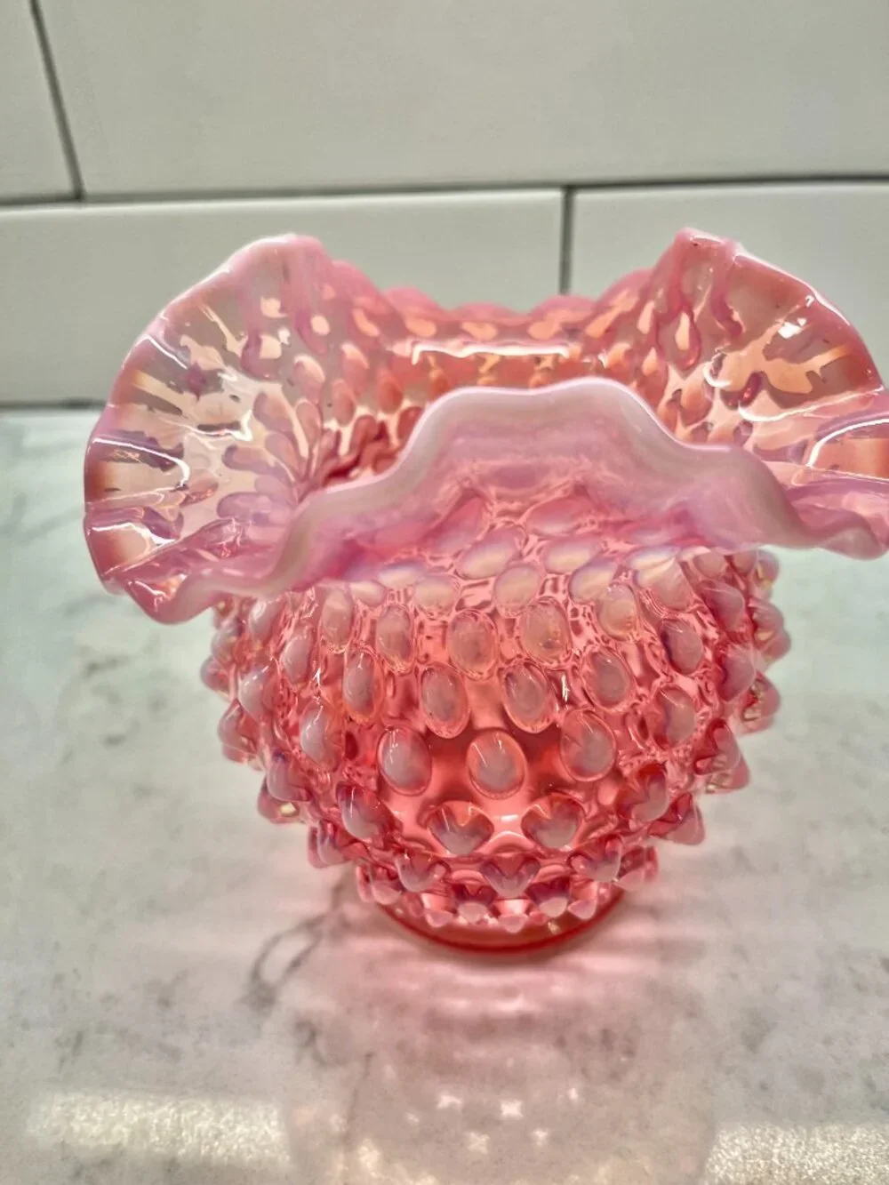 Fenton Glass Vase in the Cranberry Opalescent Hobnail Pattern